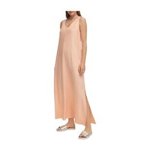 NWT DKNY V-Neck Peach Linen Maxi Dress Womens Large Boho Chic Summer Beach